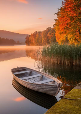 Autumn Lake with Boat at Sunrise