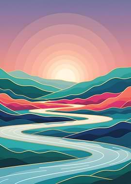 Abstract Landscape with River and Sunset