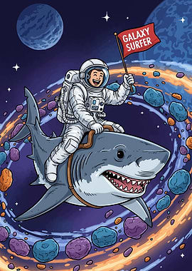 Astronaut riding shark space