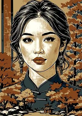 Asian Woman Portrait with Traditional Background