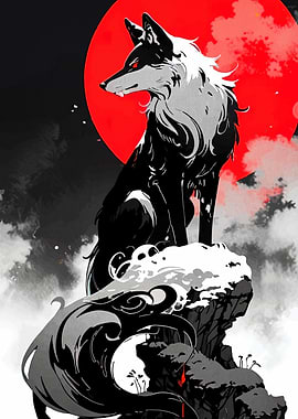 Wolf on a Cliff with Red Moon