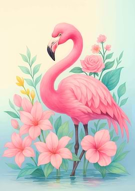 Pink Flamingo with Flowers Illustration