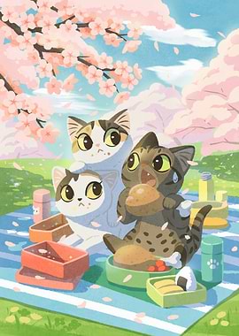 Cats' Picnic Under Cherry Blossom Tree