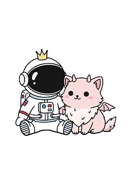 Astronaut and Devil Cat Cartoon Illustration