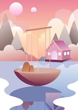 Dreamy Fantasy Landscape with Pink House, Mountains and Abstract Lake Metal Art