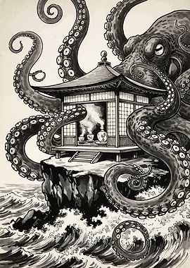 Octopus and Japanese Temple Ink Drawing