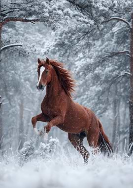 Chestnut Horse in Winter Forest