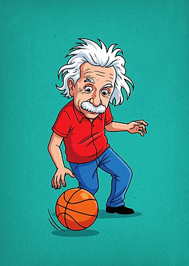 Einstein playing basketball cartoon illustration
