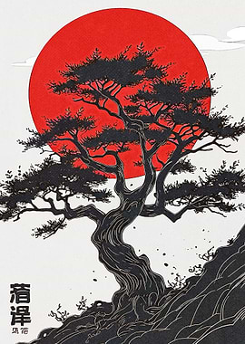 Japanese Tree with Red Sun Art