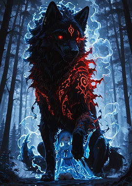 Guardian Wolf and Girl in Forest