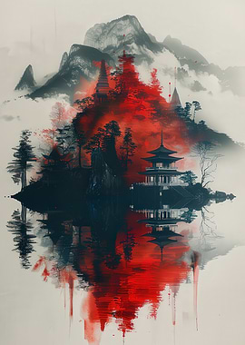 Japanese Temple Reflection with Red Hues