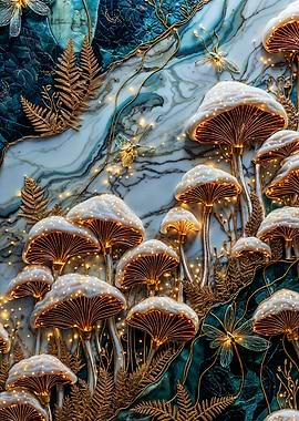 Kintsugi Glowing Mushroom Forest with Golden Accents