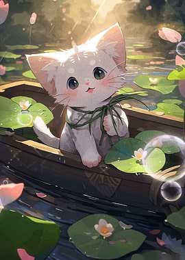 Cute Kitten in Boat with Lily Pads