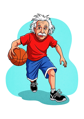 Einstein playing basketball cartoon illustration