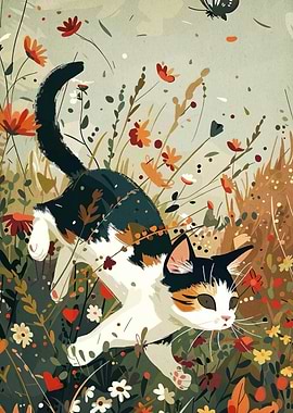 Calico Cat in a Flower Field