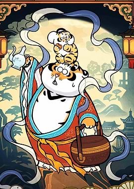 Cartoon Tiger with Teapot and Cub