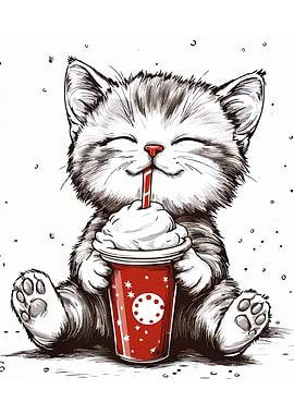Cute Kitten Drinking Beverage Illustration