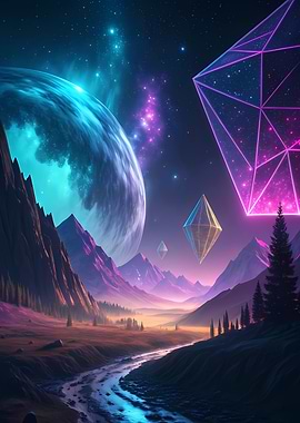 Surreal Landscape with Planet and Geometrics