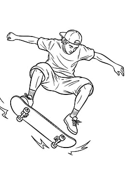 Skateboarder in mid-air, line art