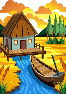 Riverside Stilt House with Boat and Pine Trees in Autumn Sunset Metal Print Art