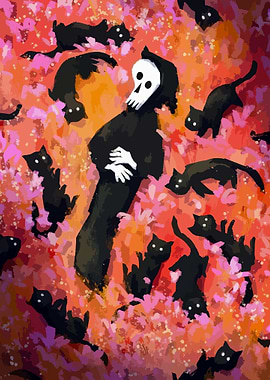 Grim Reaper Surrounded by Black Cats