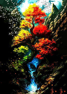 Colorful Tree and Waterfall Landscape Painting