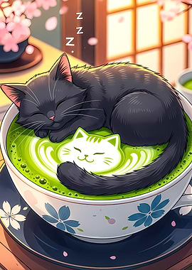 Sleeping Cat in Matcha Latte Art