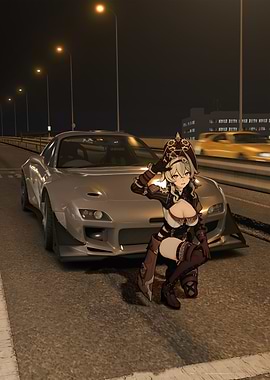 Anime Girl with Silver Sports Car