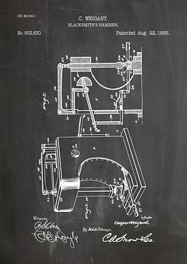 Blacksmith's Hammer Patent Drawing, 1893