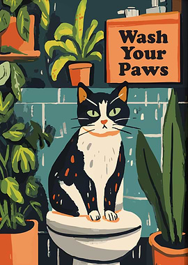 Cat on Toilet with 'Wash Paws' Sign