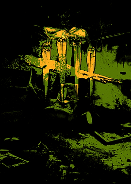 Abstract Dark Room with Hanging Objects