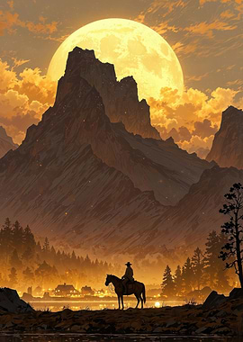 Cowboy and Horse Under a Full Moon