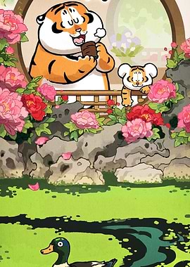 Cartoon Tigers in a Garden Setting