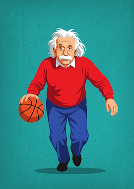 Einstein playing basketball cartoon illustration