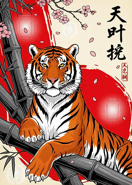 Tiger on Bamboo with Japanese Elements