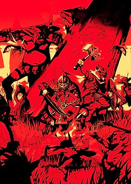 Viking Battle Scene in Red Tones