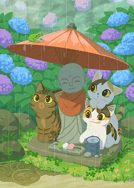 Cats, Buddha Statue, and Rainy Day