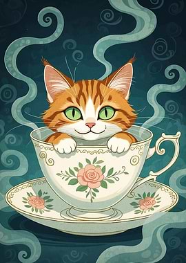Cat in a Teacup Illustration
