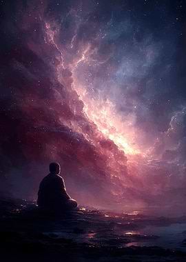 Meditating Figure Under Cosmic Sky