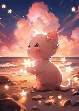 Cute Cat with Stars on Beach