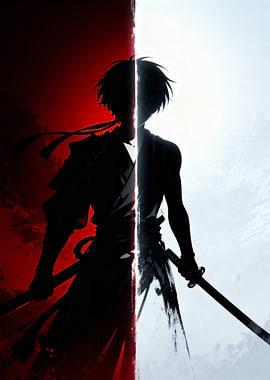 Samurai Silhouette with Red and White