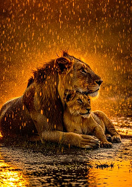 Lion and Cub in the Rain
