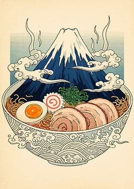 Ramen Bowl with Mount Fuji Backdrop
