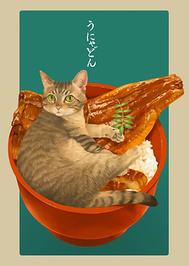Cat in Unadon Bowl Illustration