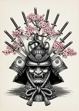 Samurai Helmet with Swords and Cherry Blossoms