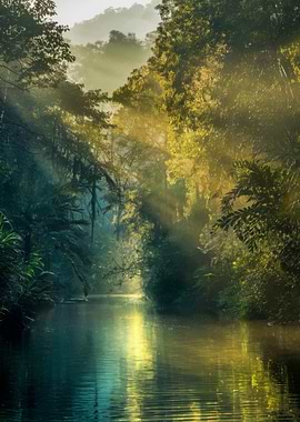 Sunlit River Through Lush Green Forest