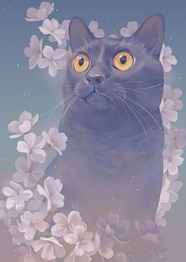 Cat with Cherry Blossoms Digital Art