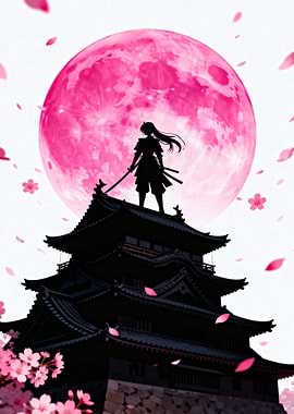 Samurai Silhouette with Pink Moon