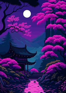 Japanese Temple with Cherry Blossoms at Night