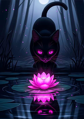 Black Cat and Lotus Flower